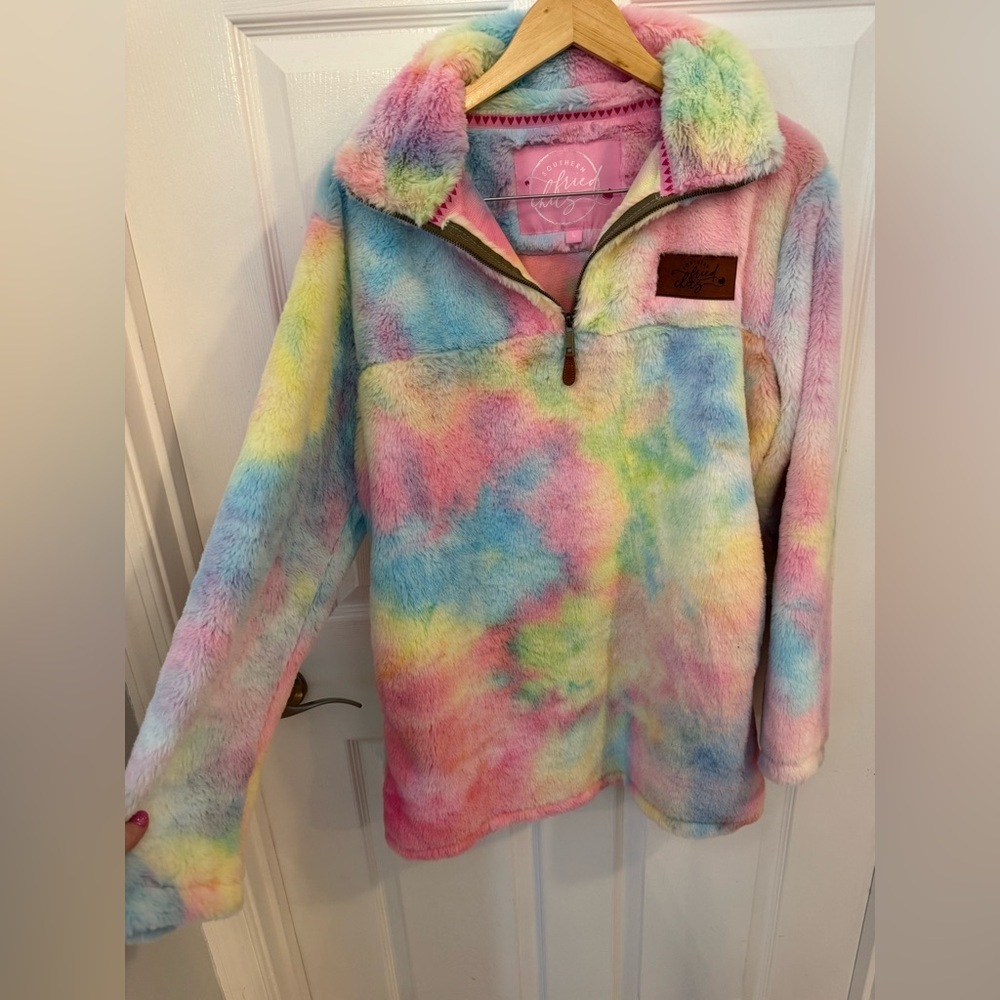 Cozy Tie-Dye Sherpa Pullover Hoodie - Pastel Rainbow - Picture 2 of 6